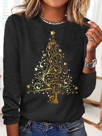 Women’s Star Christmas Tree Letters Casual Crew Neck Top