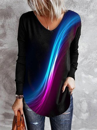 Plus Size Abstract Printed Casual V Neck Long Sleeve T-Shirt