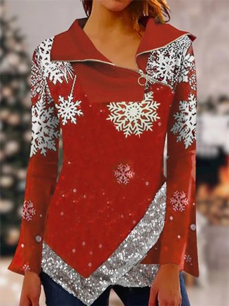 Long Sleeve Christmas Snowflake Pattern Zipper Shawl Collar Casual Tunic Top Xmas Top
