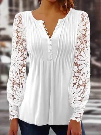 Plain Casual Patchwork Notched Neck Tunic Top Buttoned Design Lace Hollow out Long Sleeve Shirt