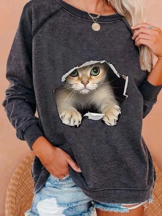 Plus Size 3D Printing Cat Crew Neck Sweatshirt