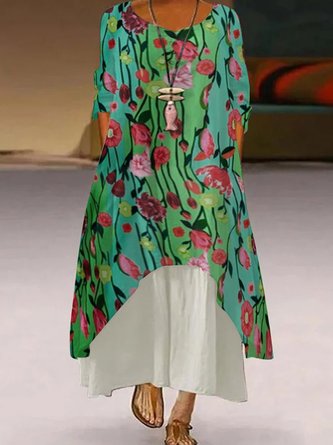 Plus Size Floral Loose Crew Neck Vintage Dress