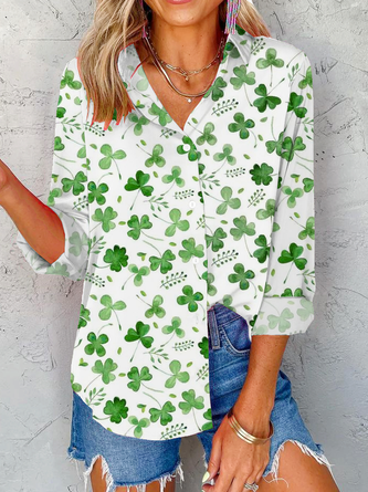 St. Patrick's Day Shirt Collar Casual Four-Leaf Clover Loose Buttoned Blouse