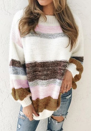 Plus Size Vintage Multicolor Striped Long Sleeve Crew Neck Casual Sweater