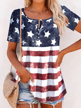 America Flag Striped Printed Buckle Casual Jersey Tunic Independence Day T-Shirt