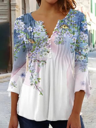 Casual Notched Buckle Floral Printed Blouses