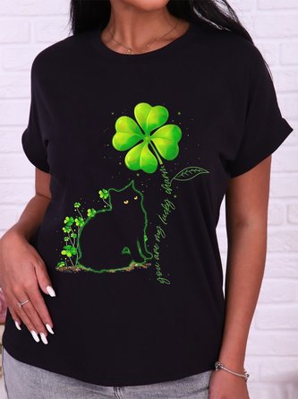 St. Patrick's Day Cat And Four-leaf Clover Short Sleeve Crew Neck Casual Tunic T-Shirt