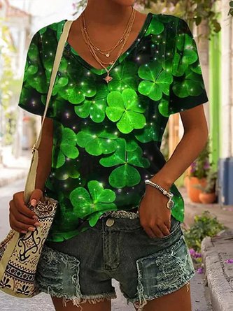 St. Patrick's Day Jersey Four-Leaf Clover Printed Casual V Neck T-Shirt