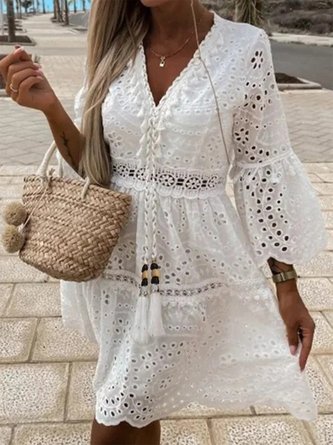 Plain Tassel V Neck Vacation Lace Hollow out Dress