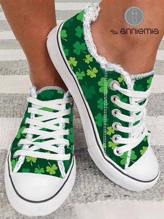 St. Patrick's Day Green Shamrock Print Fringe Hem Canvas Shoes