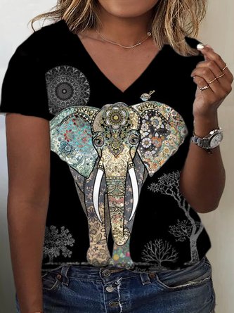 Plus Size Elephant Jersey Casual V Neck T-Shirt