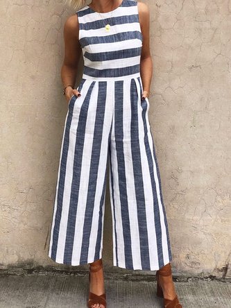 Casual Regular Fit Pocket Stitching Striped Jumpsuit