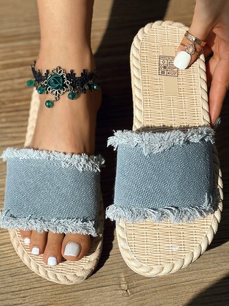 Denim Wide Strap Raw Trim Beach Slippers