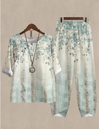 Plus Size Crew Neck Vacation Green Floral Loose Two-Piece Set