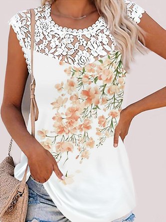 Jersey Floral Printed Patchwork lace Casual Tank Top
