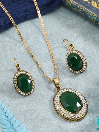 Vintage Boho Green Gemstone Necklace Earrings Set Ethnic Jewelry