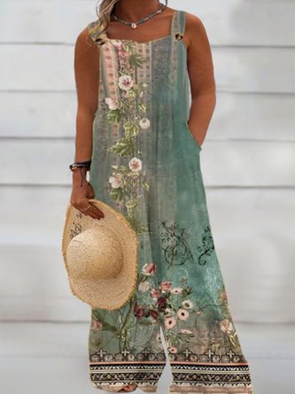 Plus Size Floral Vacation Square Neck Romper & Jumpsuit