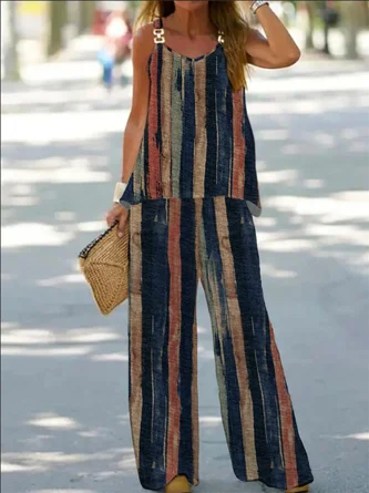 Striped Sleeveless Spaghetti Casual Grommets Two-Piece Set