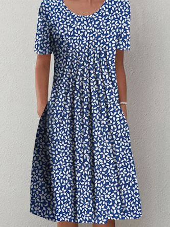 Casual Floral Pattern Crew Neck Loose Short Sleeve A-Line Dress