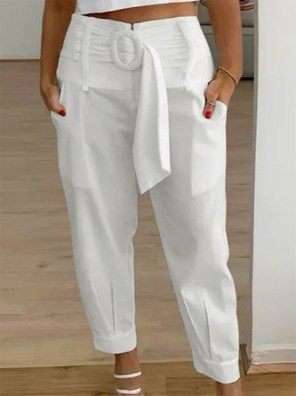 Plus Size Cotton Loose Elegant Plain Pants With Belt