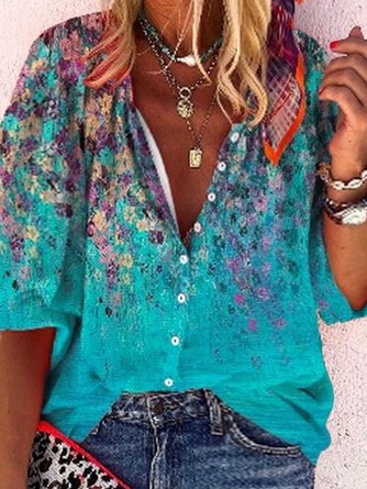 Plus Size 3/4 Sleeve Floral Casual Shirt Top