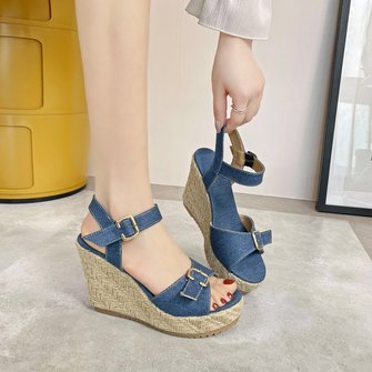 Blue Denim Resort Straw Wedge Sandals