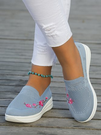 Floral Embroidery Breathable Mesh Fabric Slip On Sneakers