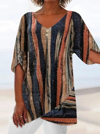 Casual Loose V Neck Abstract Stripes Shirt
