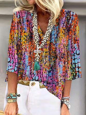 Abstract Printed V Neck Casual Blouses