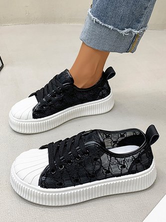 Breathable Geometric Embroidered Graphic Mesh Platform Flats