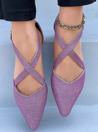 Pink Glitter Leopard Suede Cross Stripes Pointed Toe Flats