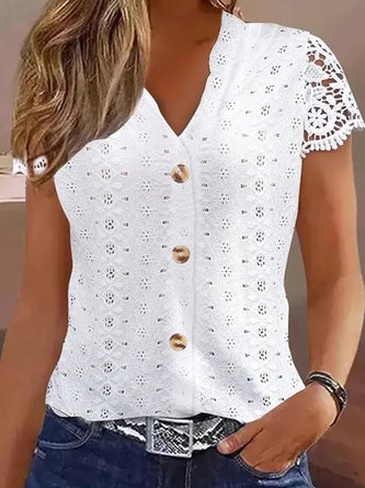 Loose Casual Lace V Neck Short Sleeve Blouse With Buttoned Design