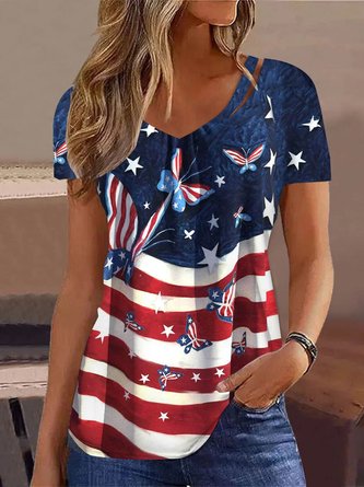 Loose Casual Independence Day Shirt With America Flag