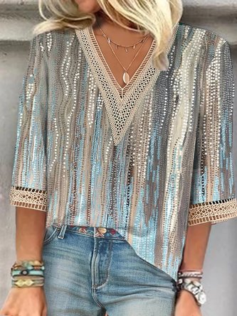 Plus size V Neck Lace Vacation Loose Shirt