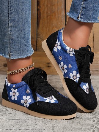 Black-blue Color Block Floral Print Lace Up Shoes