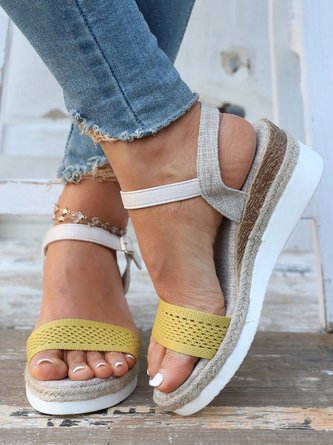 Color Block Ankle Strap Wedge Heel Espadrille Sandals
