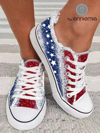 Independence Day Flag Print Raw Hem Lace-Up Canvas Shoes