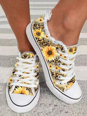 Sunflower Leopard Print Raw Hem Lace-Up Canvas Shoes