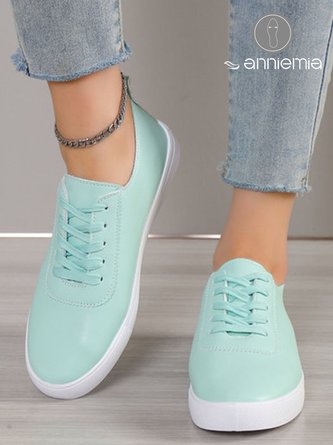 Solid Leather Lace-up Flats Sneakers