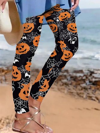 Halloween Pumpkin Spiderweb Peach Hip High Stretch Yoga Leggings