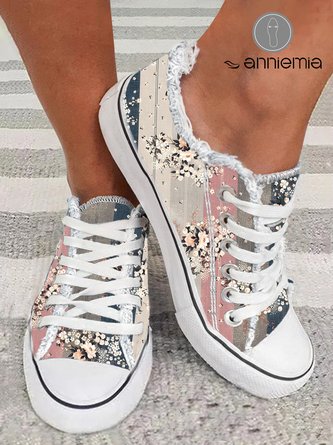 Stitching Floral Graphic Raw Hem Casual Canvas Shoes