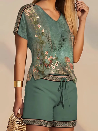 Loose V Neck Floral Casual Two-Piece Set