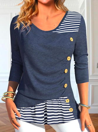 Asymmetrical Striped Casual Loose Long Sleeve Crew Neck Shirt With Buttoned Design