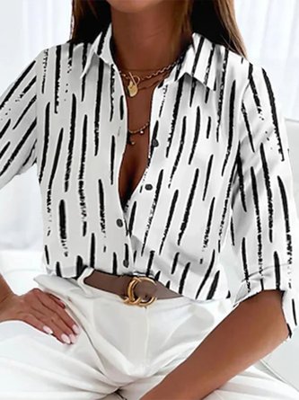 Plus Size Striped Casual Shirt Collar Blouse