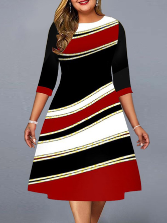 Plus Size Crew Neck Casual Abstract Stripes Midi Dress