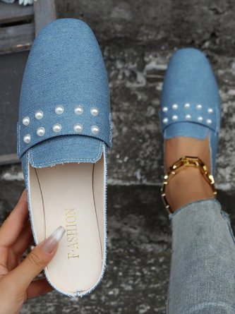 Women Faux Pearl Decor Denim Square Toe Flat Mules