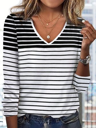 Casual Loose Striped Printed V-neck Long Sleeve T-Shirt