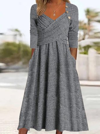 Plain Casual Buckle Sweetheart Neckline Fit & Flare A-Line Maxi Dress With Pocket