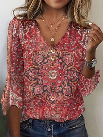 Mystery Mandala Printed Casual Ethnic Knitted V Neck Loose 3/4 Sleeve T-Shirt