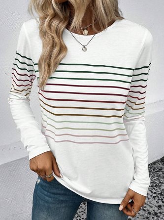 Striped Basic Casual Jersey Crew Neck H-Line Loose Long Sleeve T-Shirt